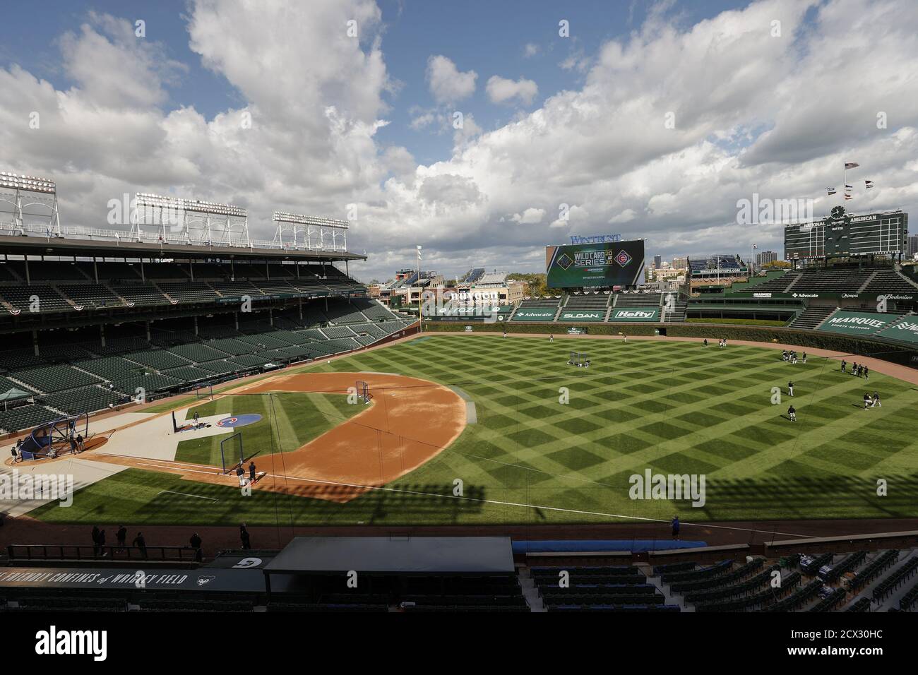 Chicago, United States. 30th Sep, 2020. Miami Marlins players warming up before the NL Wild Card Game against the Chicago Cubs at Wrigley Field on Wednesday, September 30, 2020 in Chicago. Photo by Kamil Krzaczynski/UPI Credit: UPI/Alamy Live News Stock Photo
