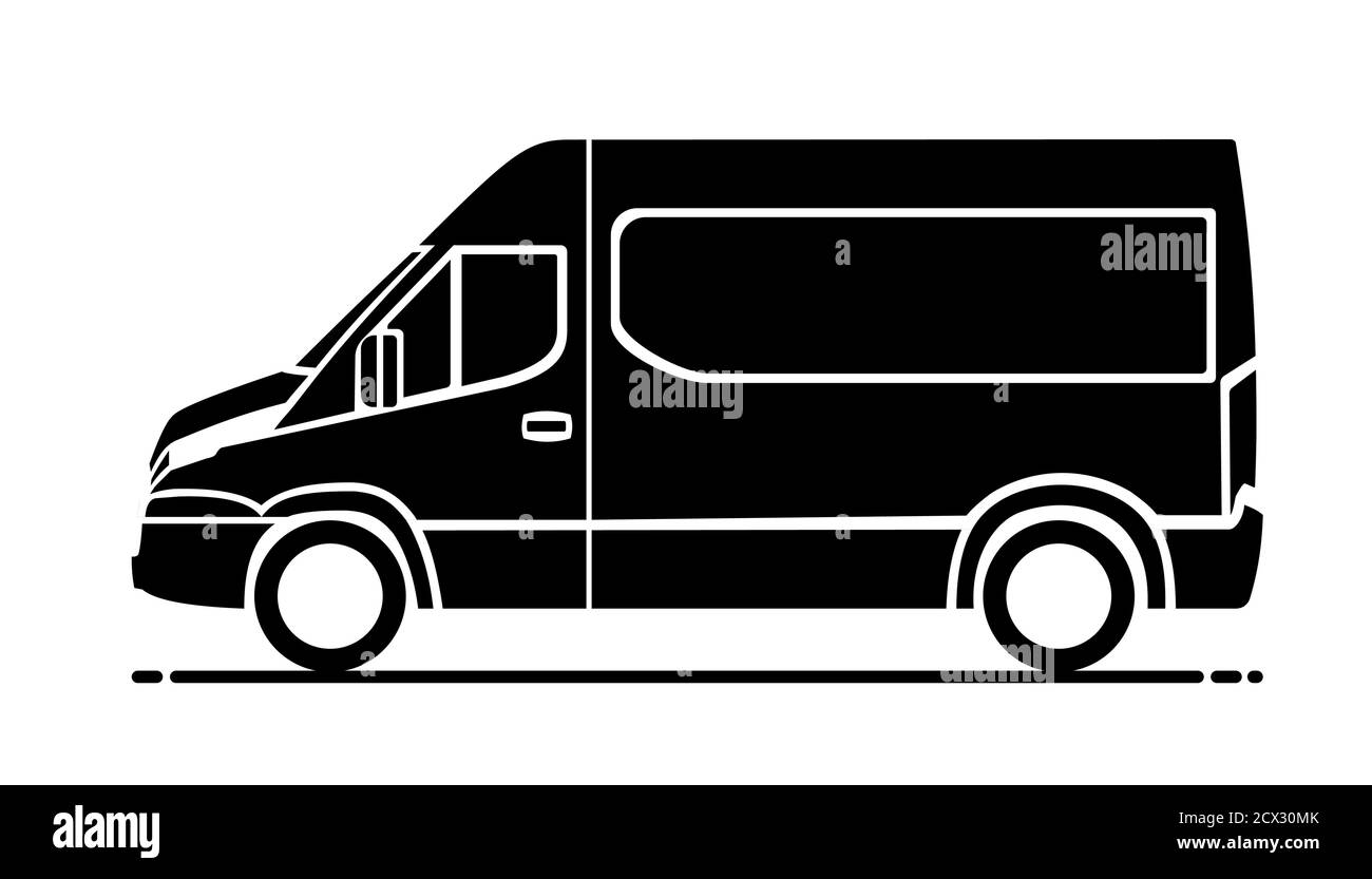 Vector icon van side view on white background. Van side view trendy icons; black van side view vector illustration. Vector transport icon. Stock Vector