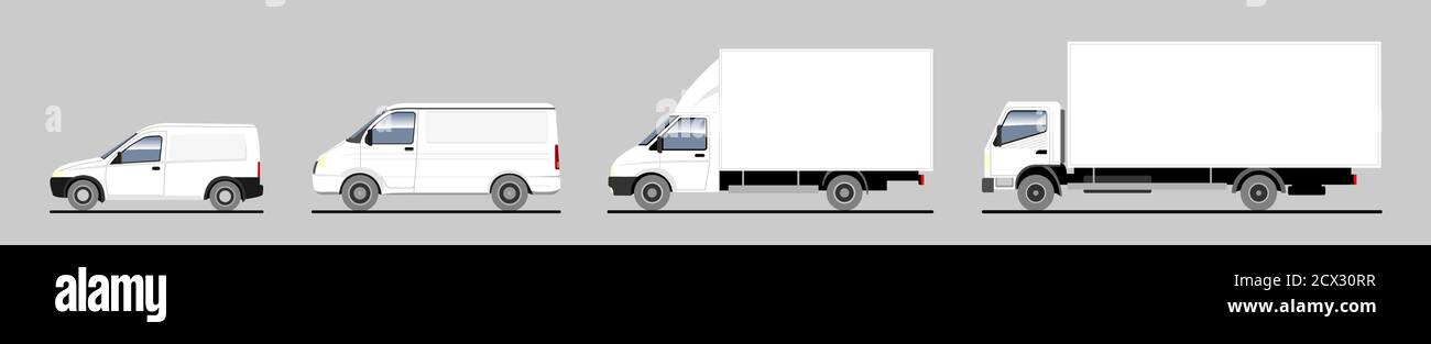 Vector set of different trucks, lorry, van. White blank template truck for advertising; mockup. Freight transportation. Modern flat vector illustratio Stock Vector