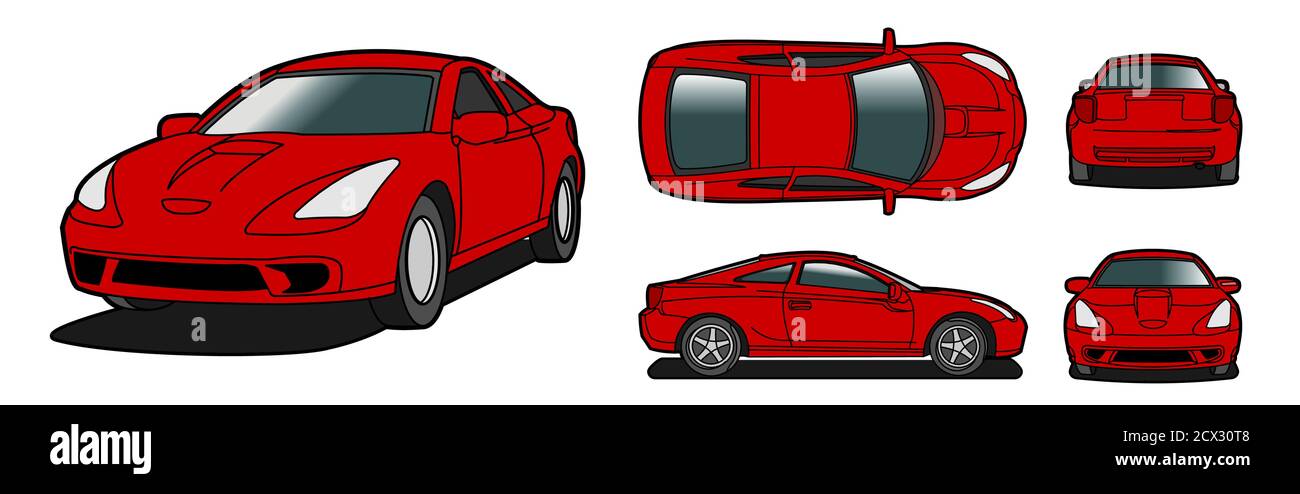 Red car vector template. Isolated template coupe car on white background. Vehicle branding mockup. View from side, front, back and top. Vector illustr Stock Vector