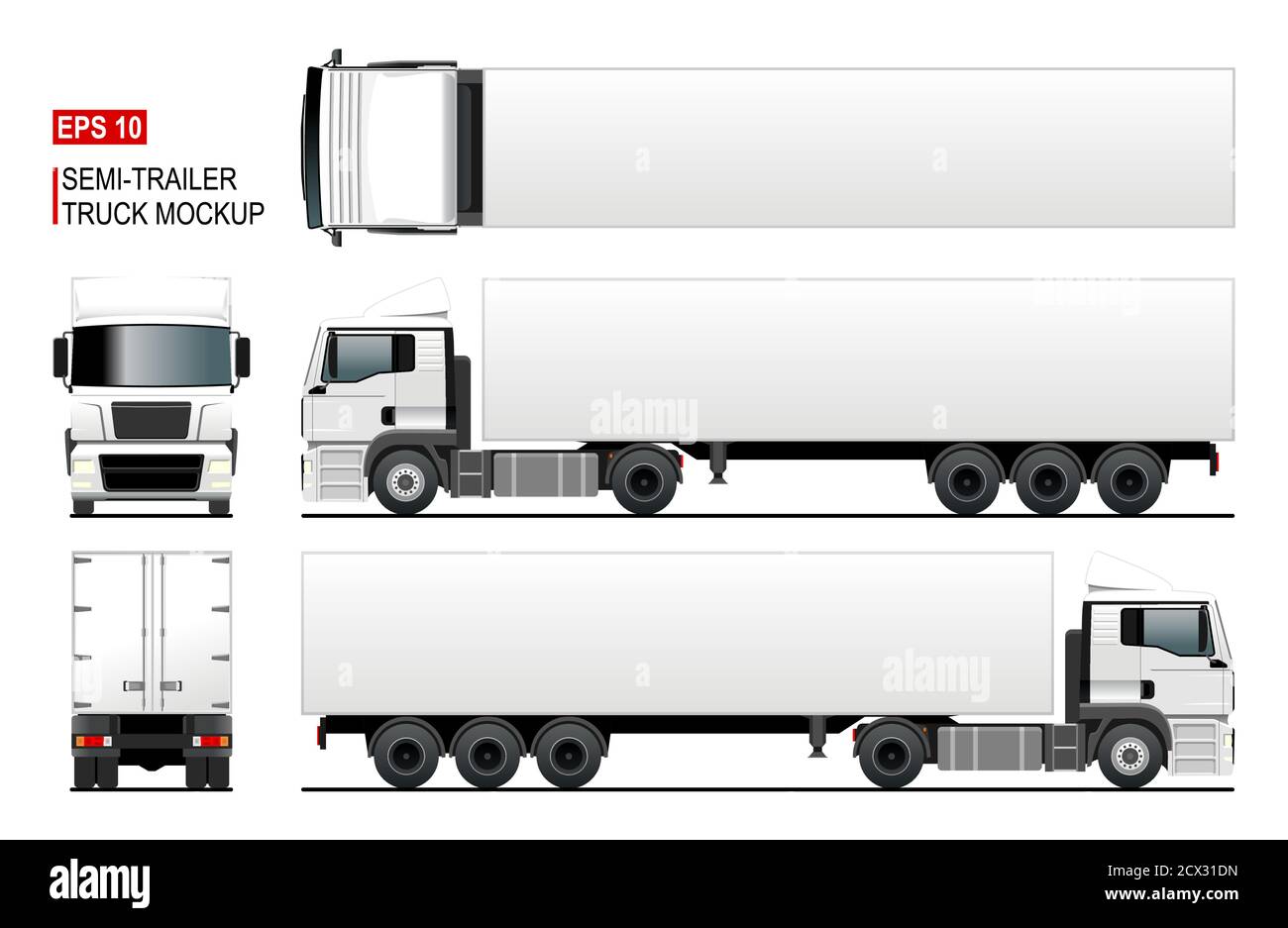 Semi trailer truck vector mockup or template for car branding and advertising. Isolated lorry, blank space. Cargo vehicle set on white background. Vie Stock Vector