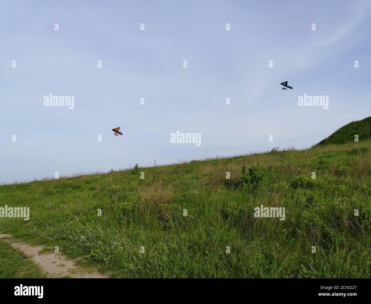 Two delta hang-gliders flying high in a beautiful evening violet sky above green hill with earthy path in Khodosivka, Kyiv. Stock Photo