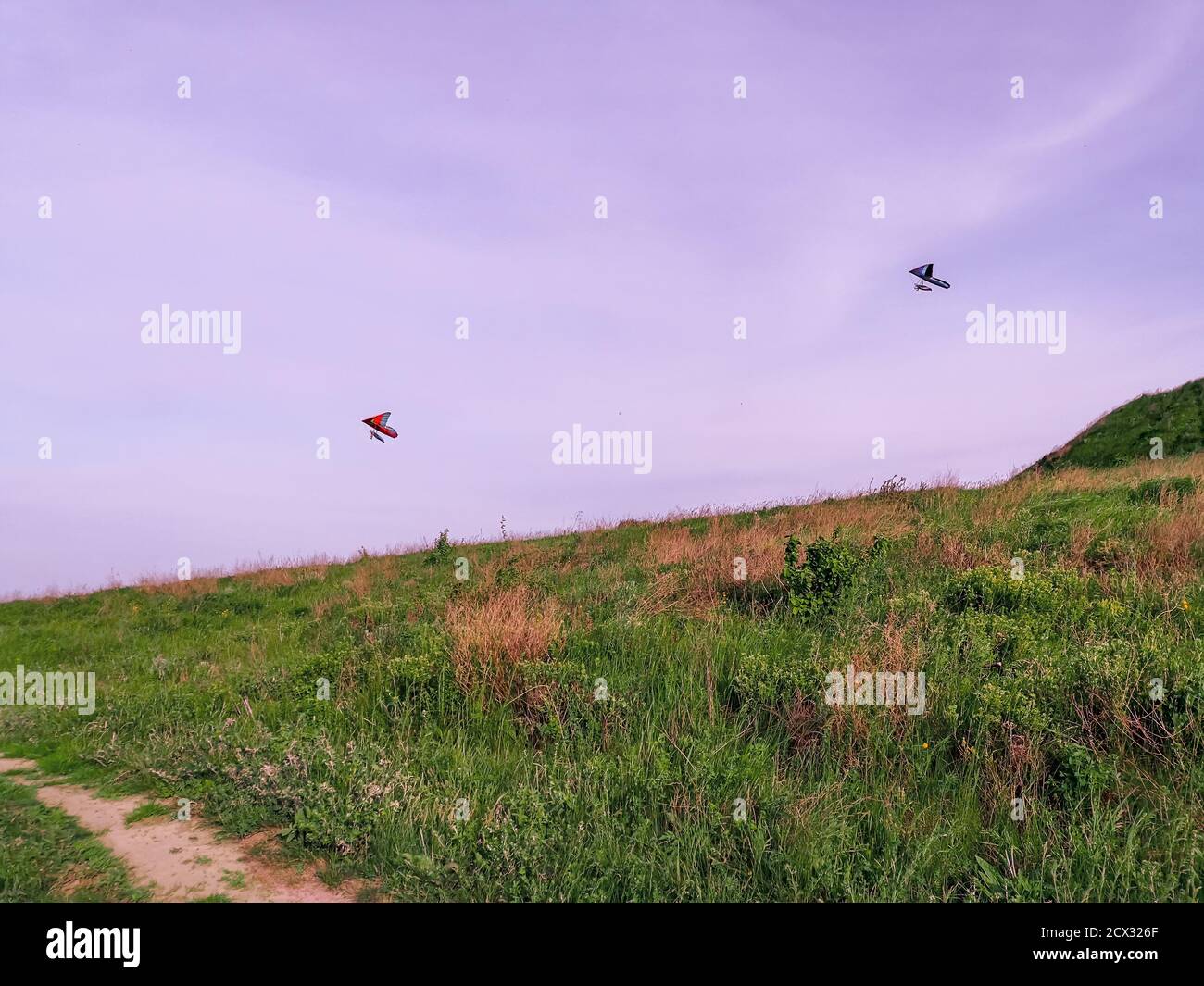 Two delta hang-gliders flying high in a beautiful evening violet sky above green hill with earthy path in Khodosivka, Kyiv. Stock Photo
