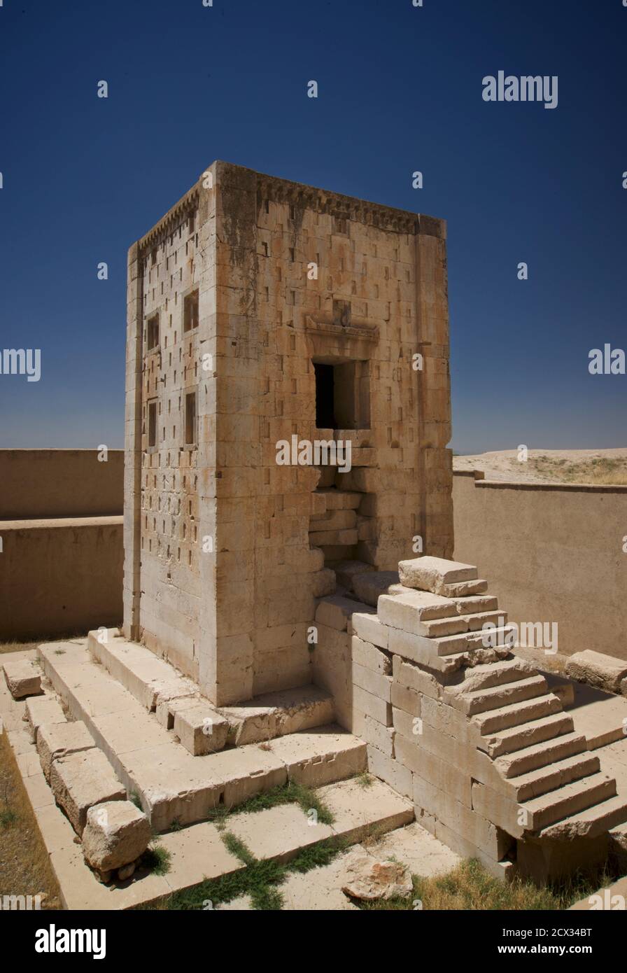 The Ka'ba-ye Zartosht meaning 'Cube of Zoroaster,' is a 5th century BCE Achaemenid square tower at Naqsh-e Rustam, near Shiraz, Iran Stock Photo