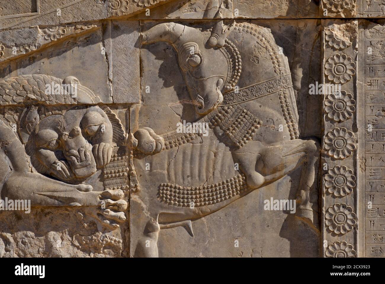 Intricate carving. Palace of Darius the Great, also known as the Tachara, Persepolis, Shiraz, Iran. Lion biting the bull. Relief depicting the symbolic coming of spring and the Nowruz festivity, through lion (sun) feasting on the bull (earth); Persepolis, Iran Stock Photo