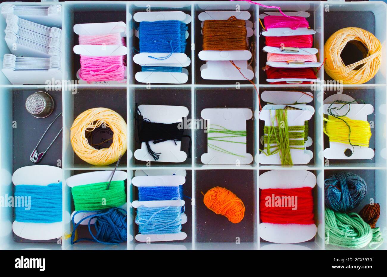 Sewing box with all threads organized Stock Photo
