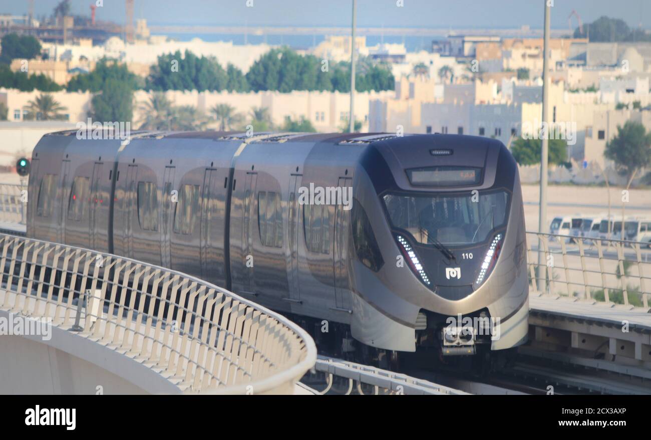 Doha Metro is one of the fastest driverless trains in the world running over a speed of above 100km/hr, Stock Photo