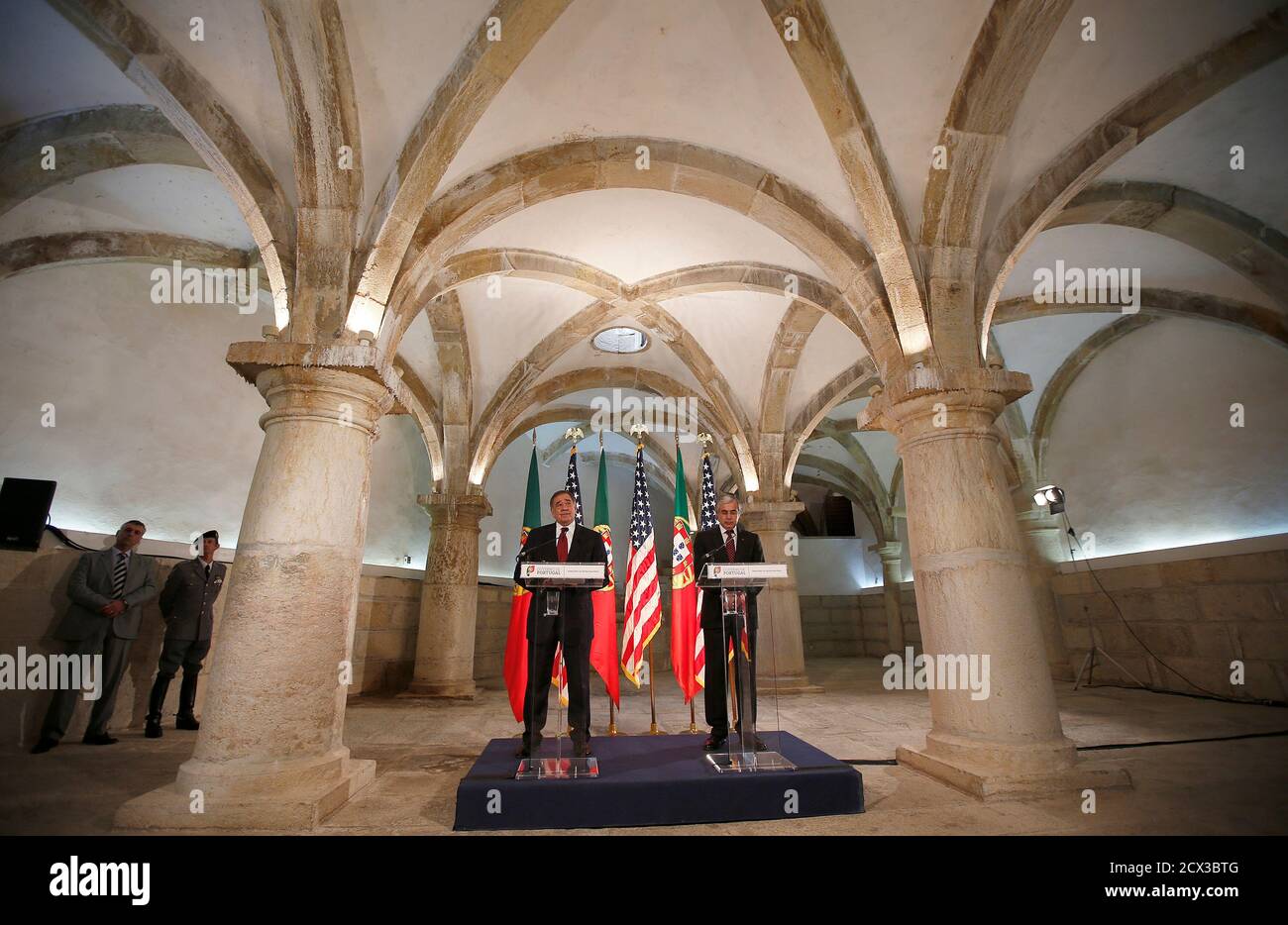 U S Defense Secretary Leon Panetta L Accompanied By Portugal S Defence Minister Jose Pedro Aguiar Branco Attends To A News Conference At Sao Juliao Fortress On The Outskirts Of Lisbon January 15 13 Panetta