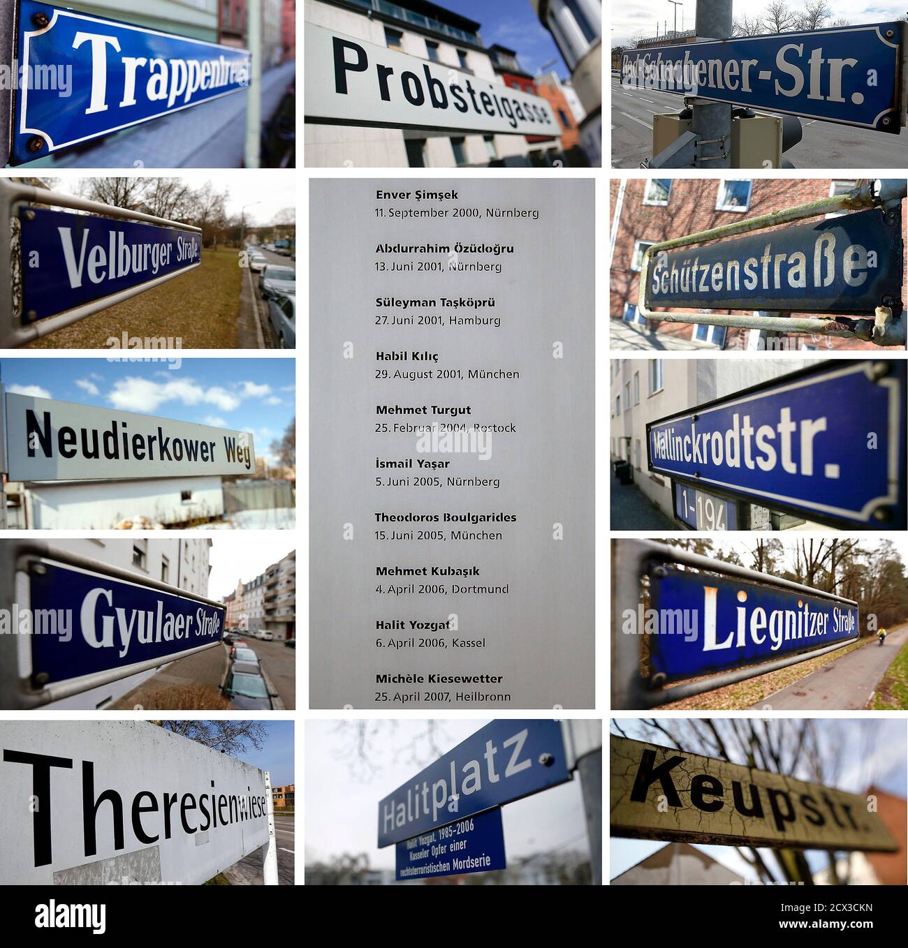 A combination picture shows a memorial (C) to commemorate the victims of the neo-Nazi group National Socialist Underground (NSU), a sign marking a square named after victim Halit Yozgat (lower C) and street signs in the cities of Dortmund, Nuernberg, Hamburg, Munich, Rostock, Kassel and Heilbronn where the NSU carried out their attacks. An alleged member of the NSU, 38-year-old Beate Zschaepe, will go on trial in Munich in April 17, 2013, charged with the murders. The NSU is accused of murdering nine Turkish and Greek immigrants and a policewoman from 2000 to 2007. Two other NSU members commit Stock Photo