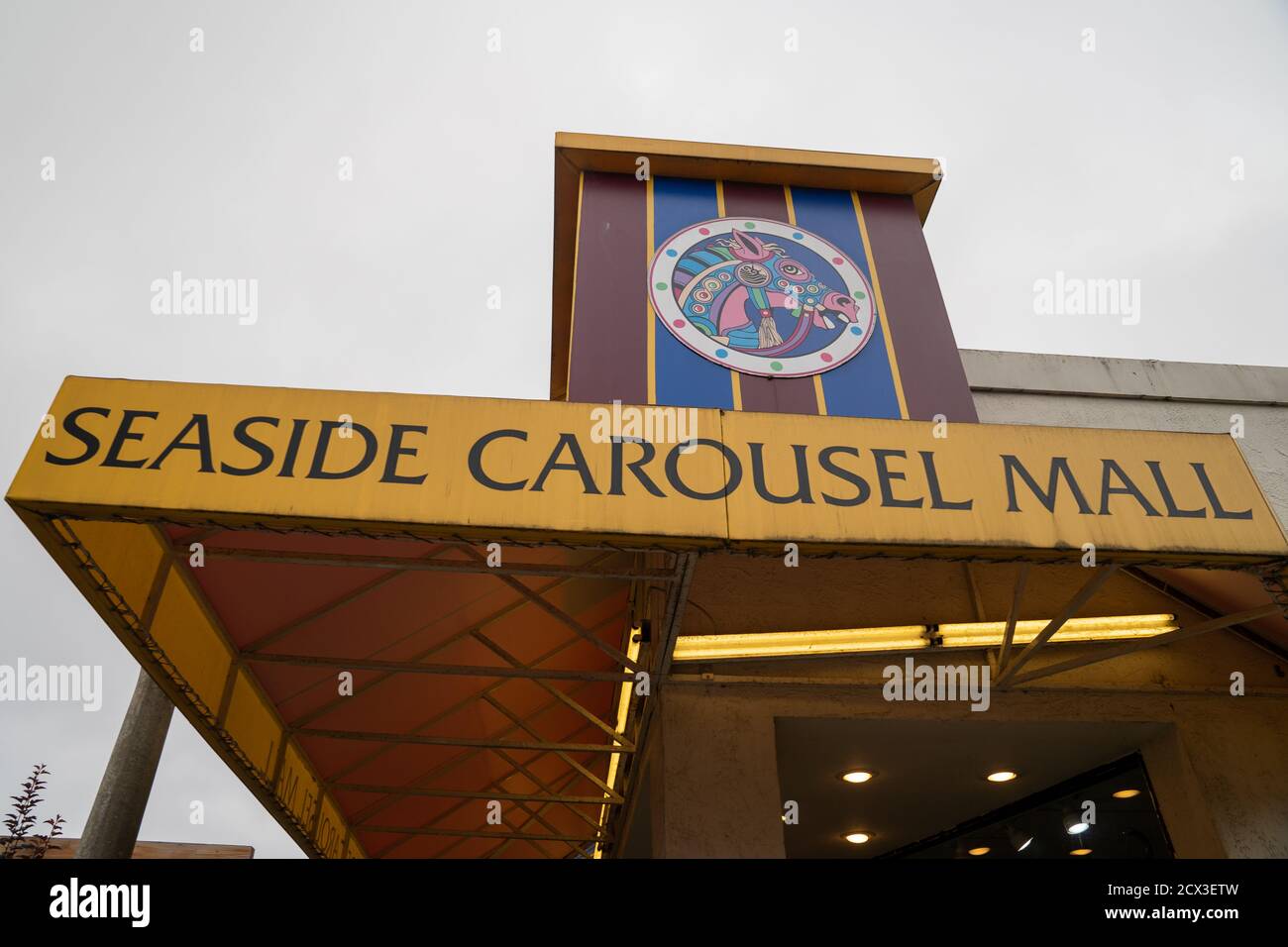 Seaside, Oregon - July 31, 2020: Sign for the Seaside Carousel Mall, an indoor shopping center filled with gift and souviner shops Stock Photo