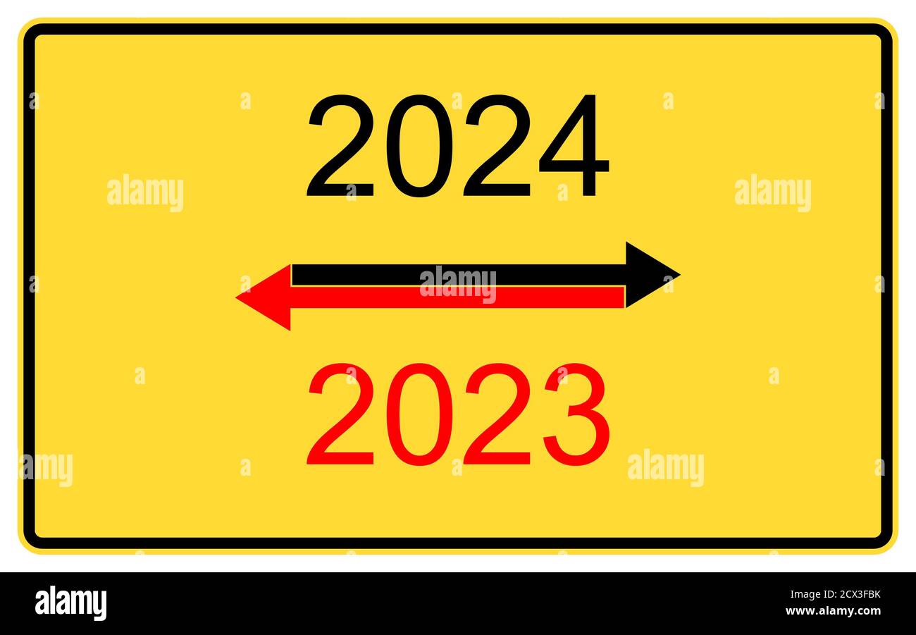 2024, 2023 new year.2024, 2023 new year on a yellow road billboard. Stock Photo