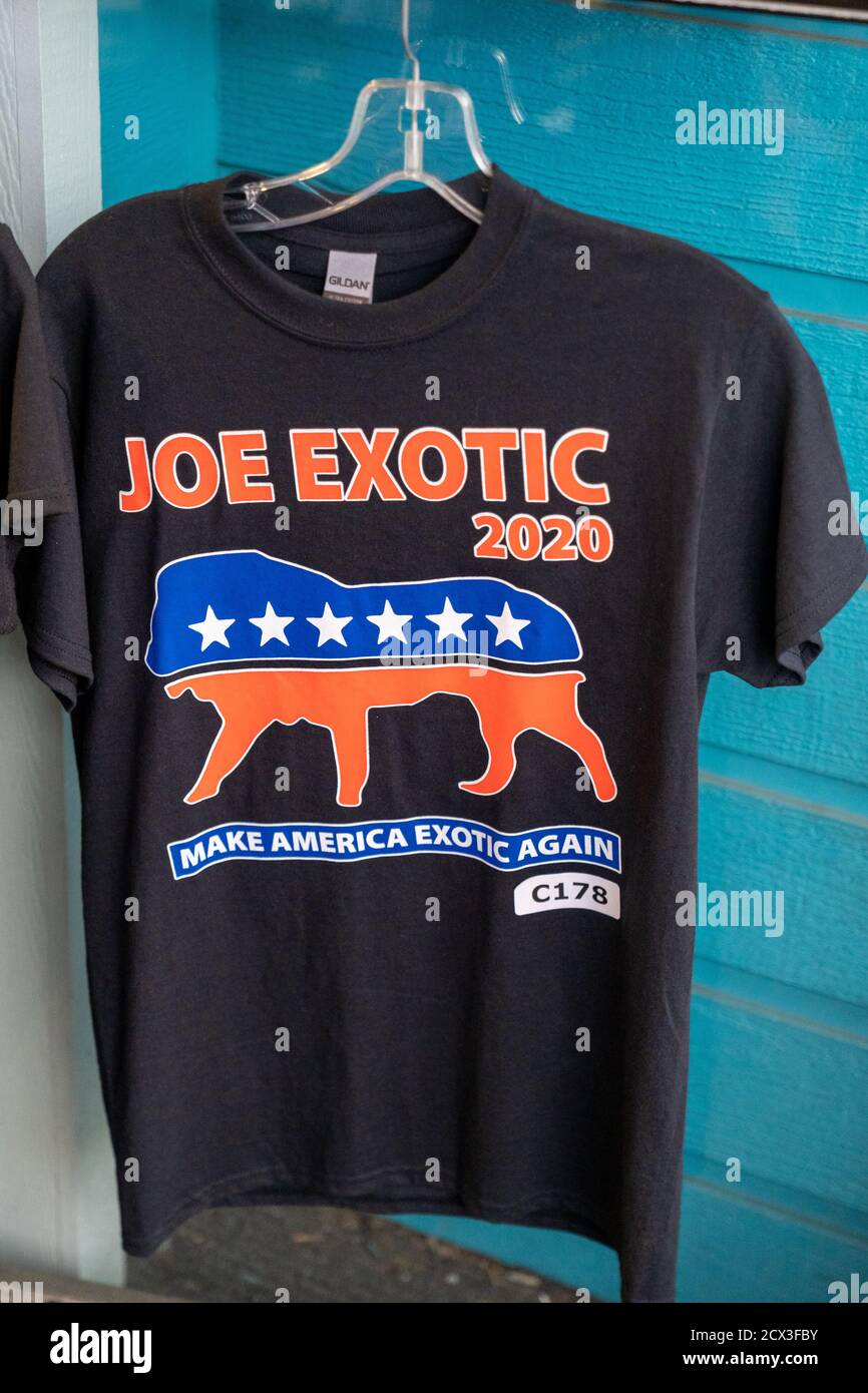 Seaside, Oregon - July 31, 2020: A Joe Exotic from the documentary Tiger King for President 2020 novelty tshirt for sale at a gift shop. Stock Photo