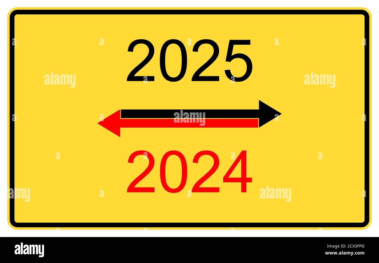 2025, 2024 new year.2025, 2024 new year on a yellow road billboard. Stock Photo