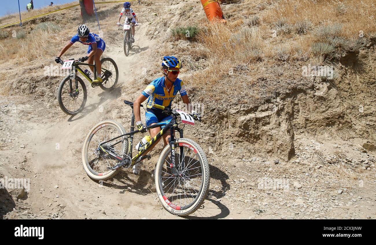 Jenny Rissveds Of Sweden R And Perrine Clauzel L Of France Compete During The Women S Cross Country Mountain Bike Cycling Race Of The 1st European Games In Baku Azerbaijan June 13