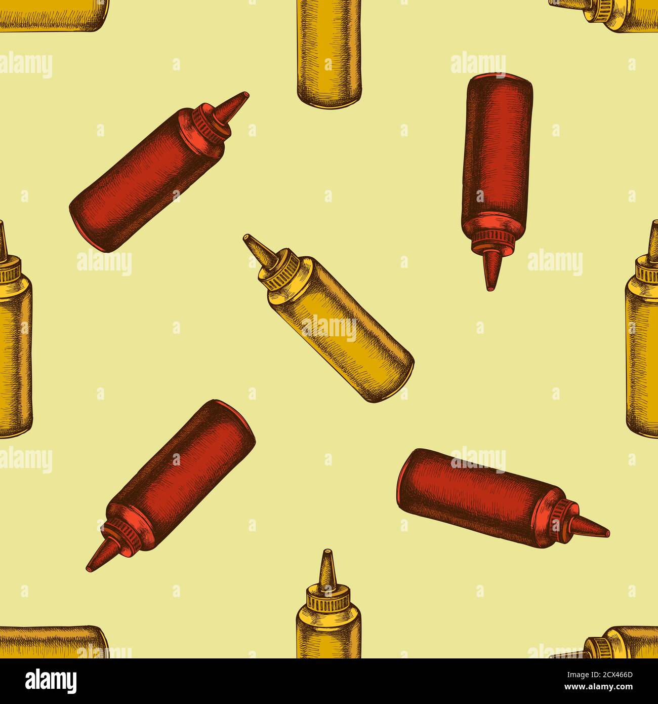 Seamless pattern with hand drawn colored sauce bottles Stock Vector