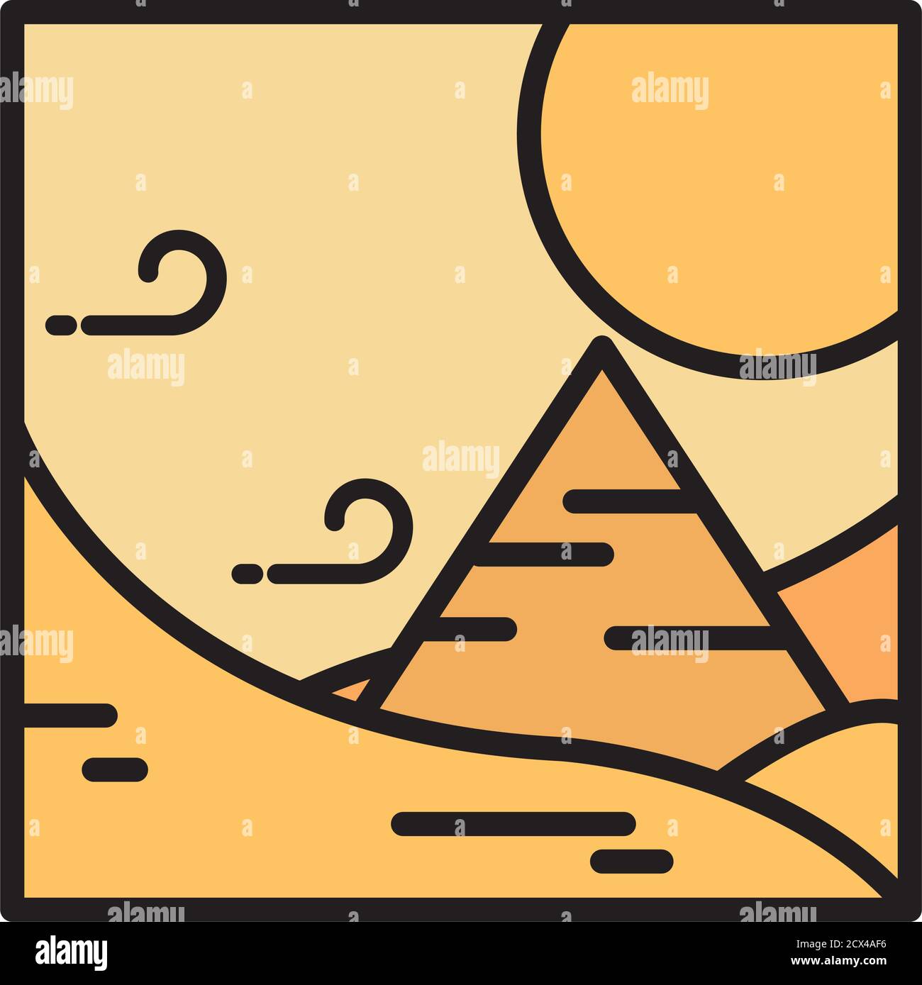landscape desert pyramid wind sun sand cartoon line and fill style ...