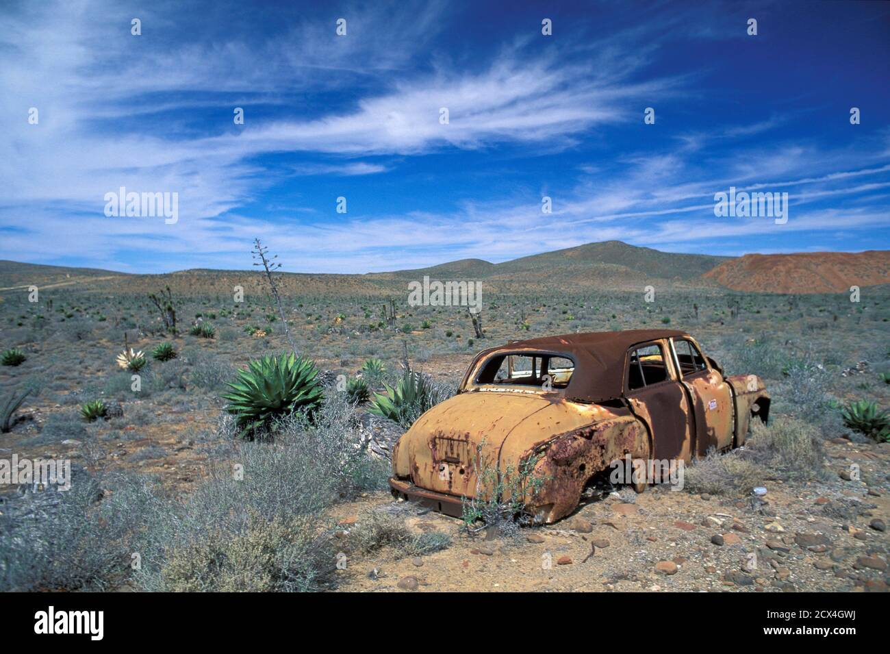 Mexico, Mexican, Baja California, Sierra de San Francisco, junked car, desert, Stock Photo