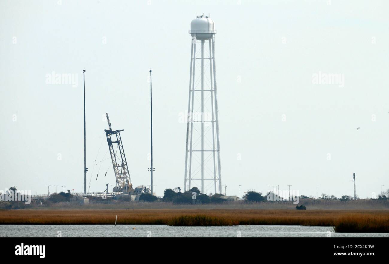 A view of the launch pad at the NASA Wallops Flight Facility in Virginia October 29, 2014. Authorities on Wednesday started investigating what made the 14-story Antares rocket, an unmanned U.S. supply rocket built and launched by Orbital Sciences Corp, explode in a fireball moments after lifting off from the launch pad in Virginia, destroying supplies and equipment bound for the International Space Station. REUTERS/Kevin Lamarque  (UNITED STATES - Tags: SCIENCE TECHNOLOGY DISASTER) Stock Photo