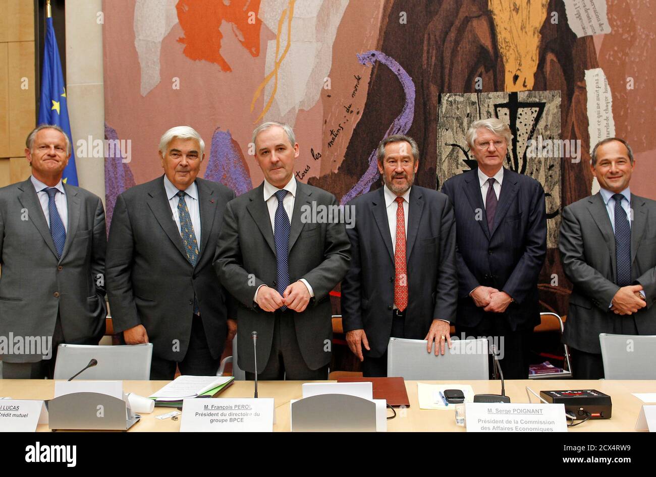 From L-R, Jean-Paul Chifflet, Chief Executive of Credit Agricole, Michel  Lucas, President of Credit Mutuel CIC group, François Perol, Chief  Executive Officer of BPCE bank group, Serge Poignant, France's Economic  Affairs Commission