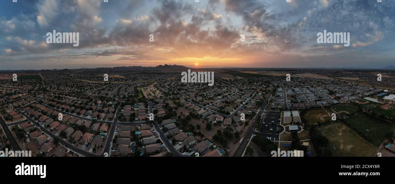 Aerial panoramic image over Queen Creek, Arizona at sunset. Stock Photo