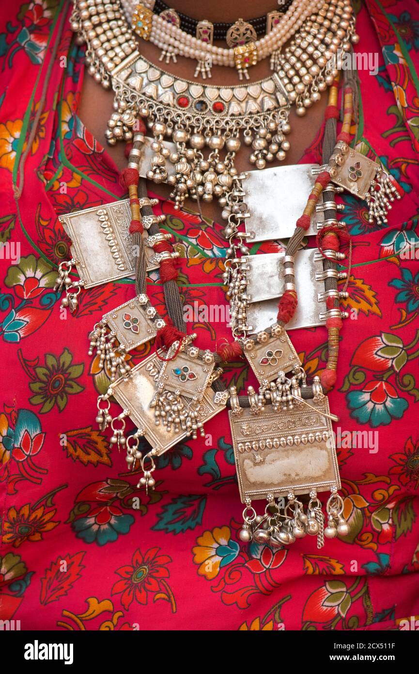 Detail of Rajasthani woman's jewellery. Jaisalmer, Rajasthan, India