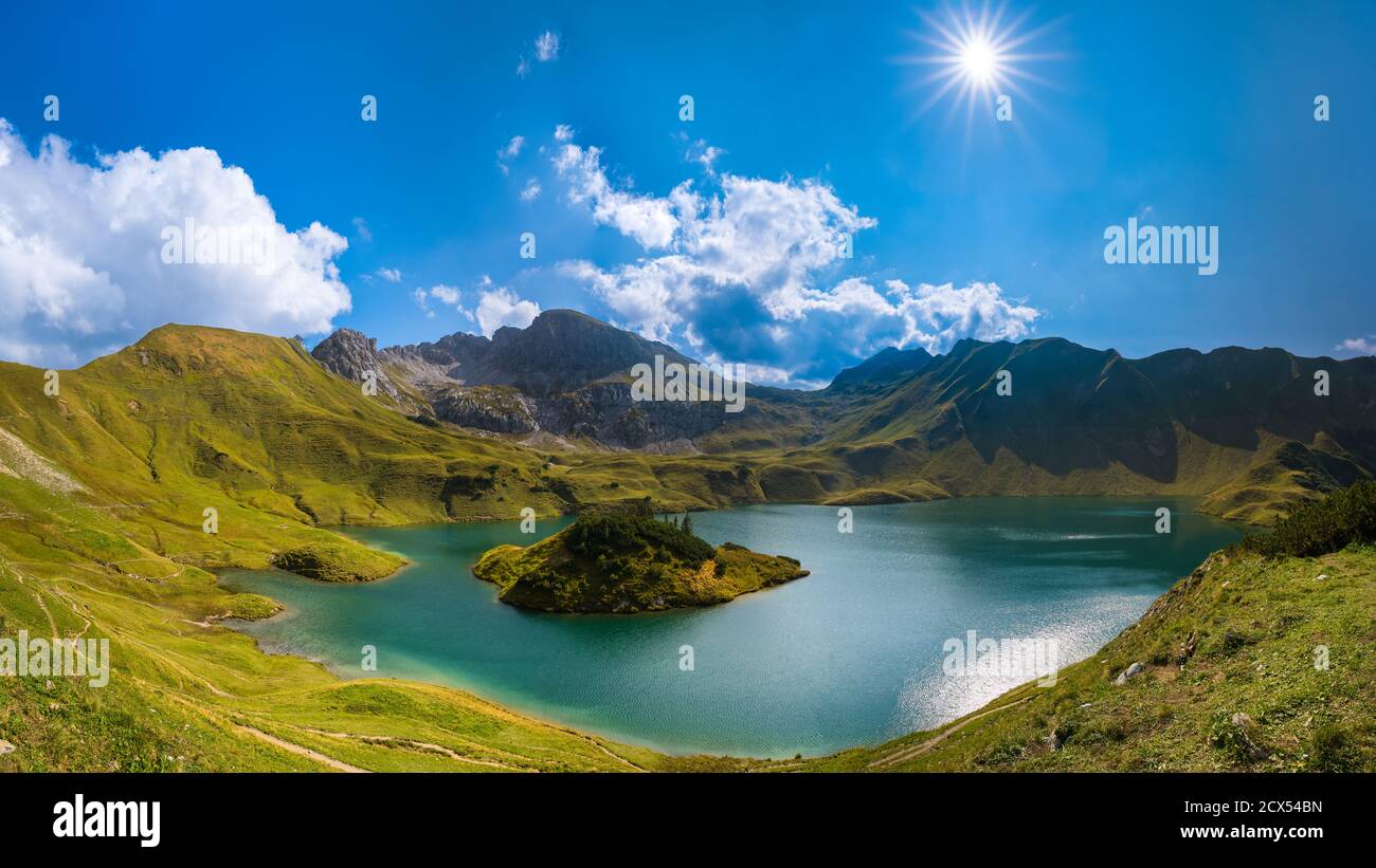 Schrecksee lake in high Alpine mountains on summer day Stock Photo