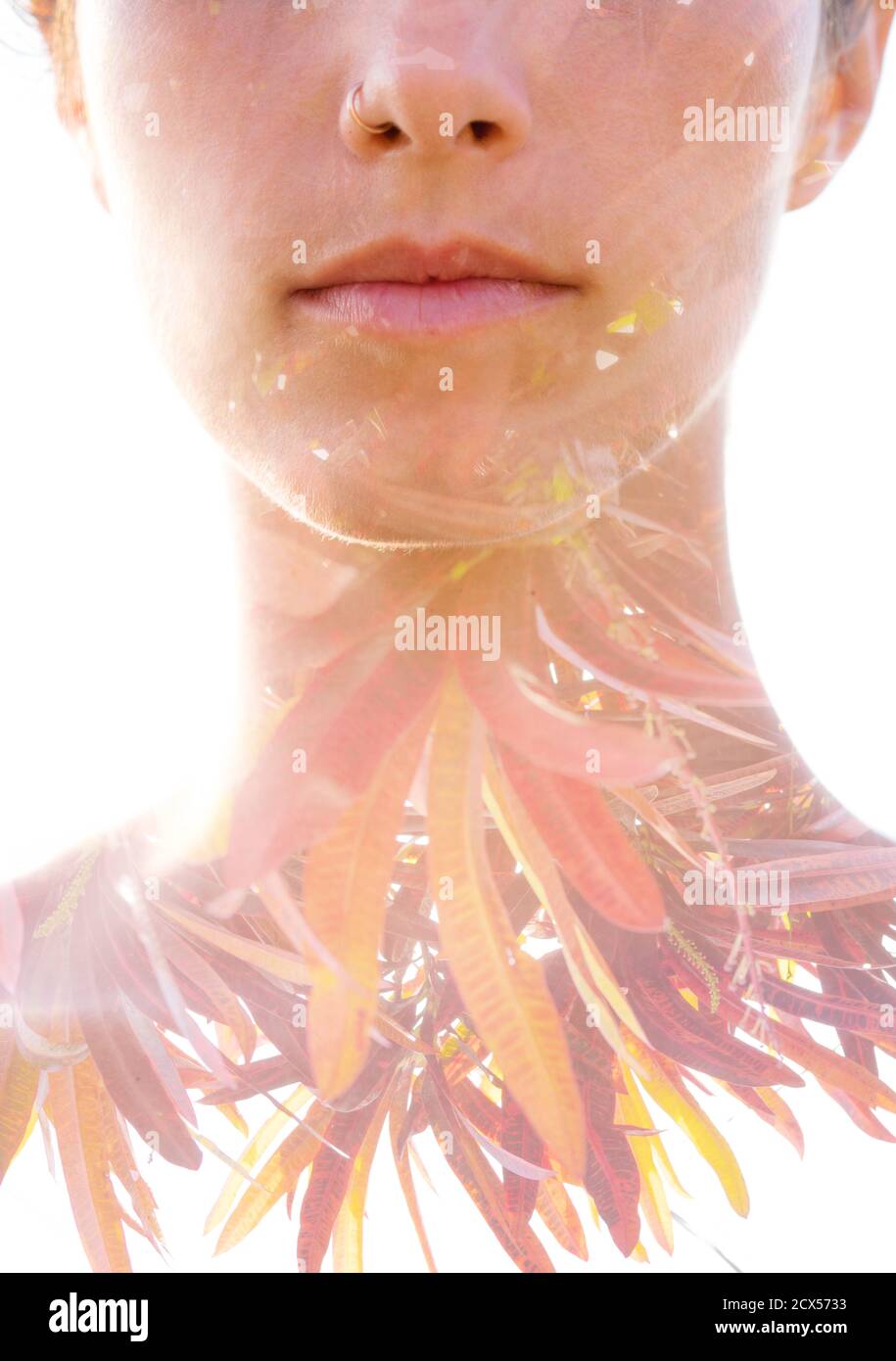 Young woman double exposure portrait with leaves Stock Photo - Alamy