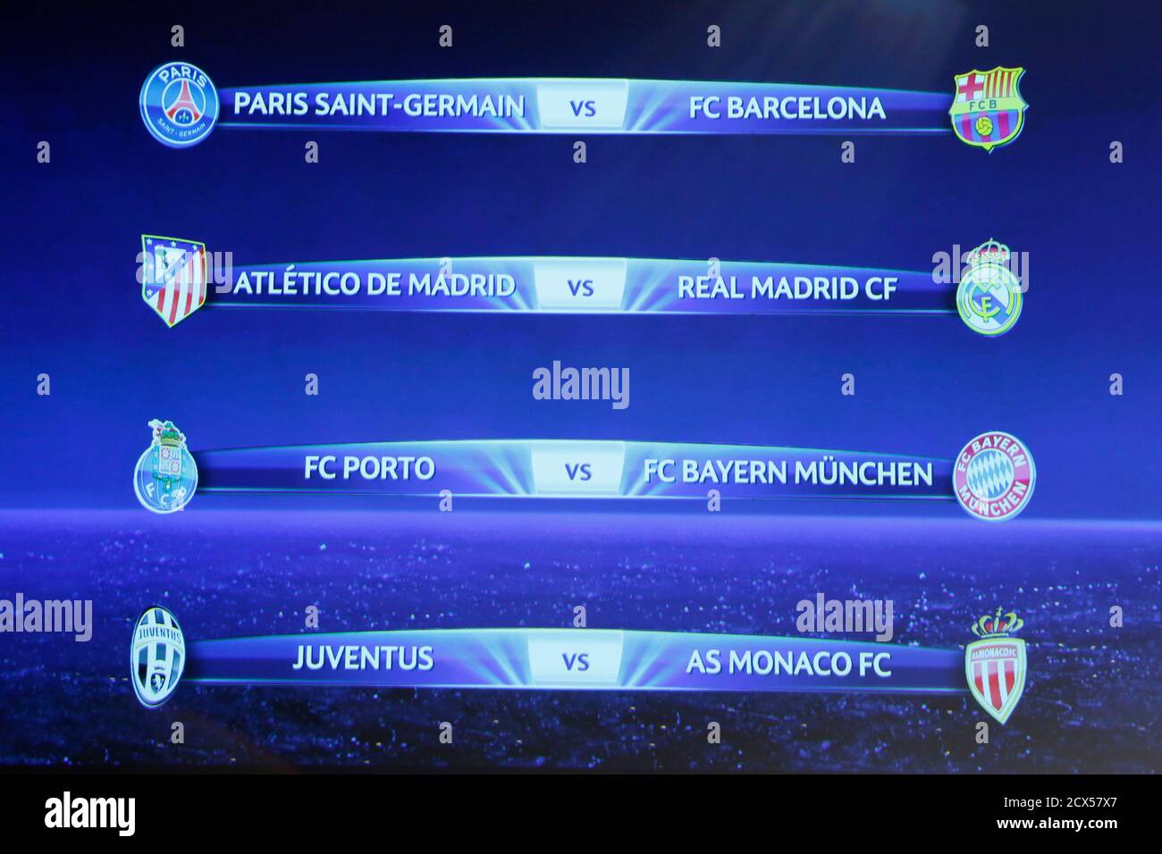A screen shows the results of the Champions League 2014/2015 quarter-final  draw at the UEFA headquarters in Nyon, March 20, 2015. REUTERS/Pierre  Albouy Stock Photo - Alamy