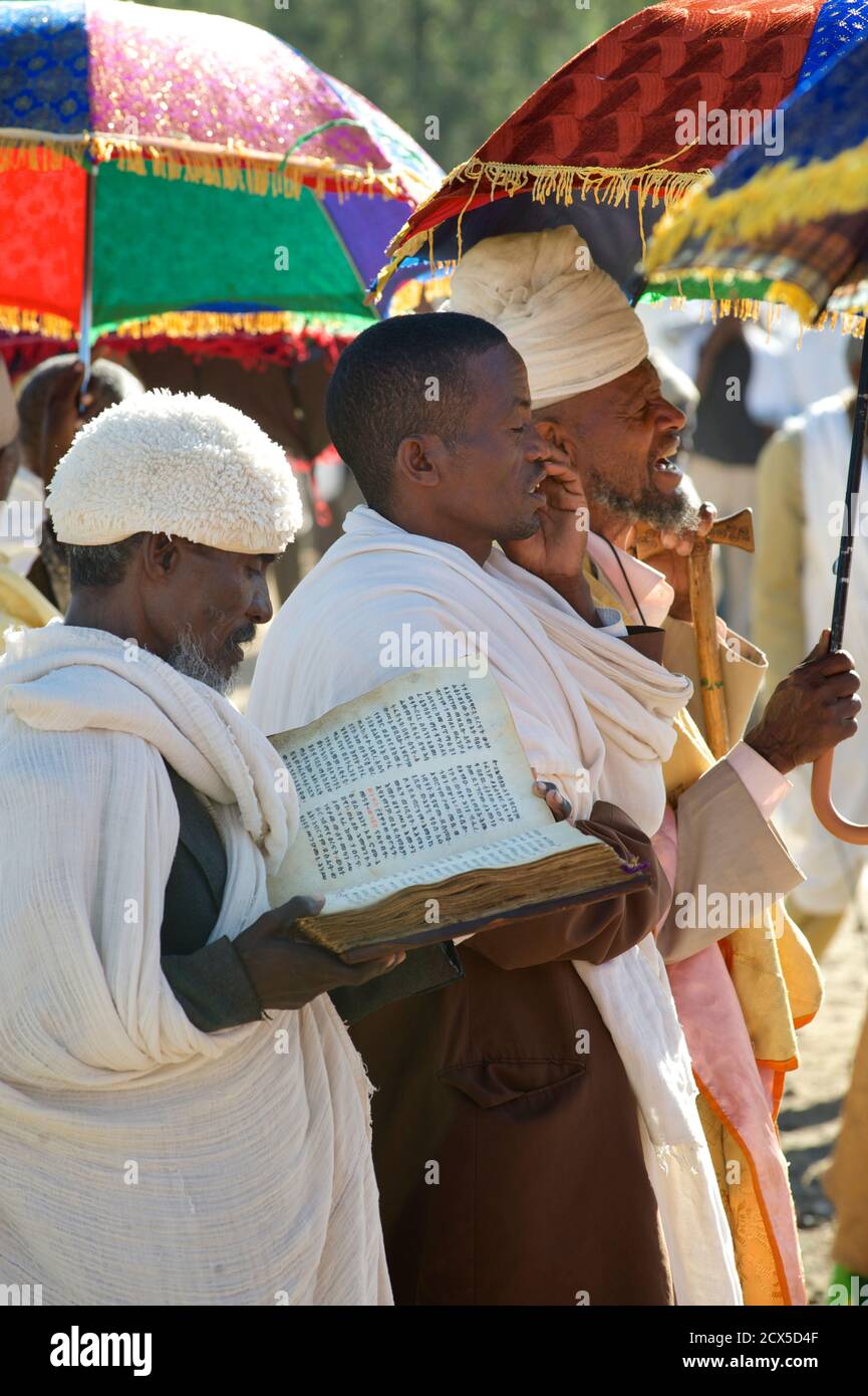 Ethiopian priests attending a funeral in their liturgical robes
