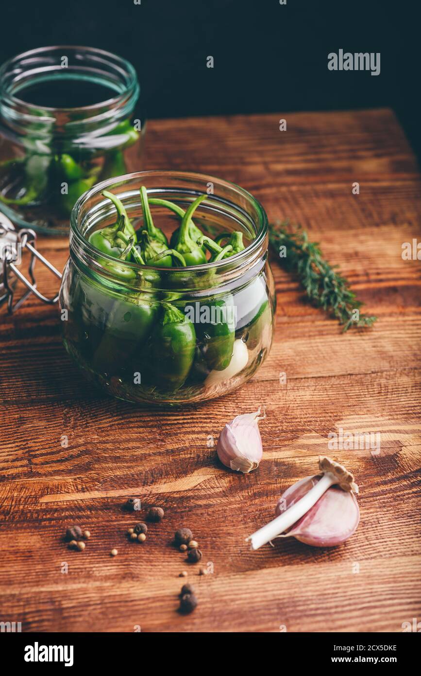 Jalapeno Peppers in a Glass Jar for Pickling. Stock Photo