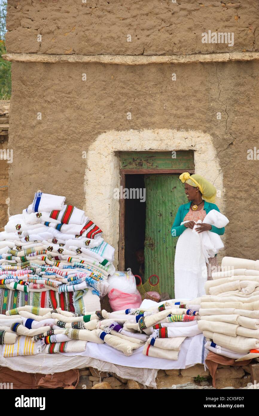 Fabrics vendor. Market day at Freweyni also known as Sinkata. Tigray,  Ethiopia Stock Photo