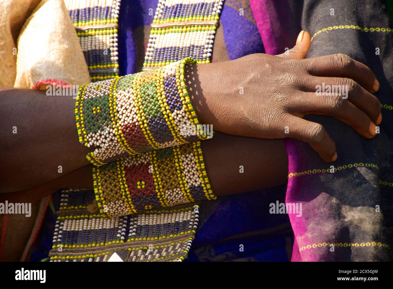 Detail of Afar tribal adornment. Beadwork. Yangudi Rassa National Park, Ethiopia.  This image contains culturally relevant material: Beadwork is deeply set in Afar tribal identity. Stock Photo