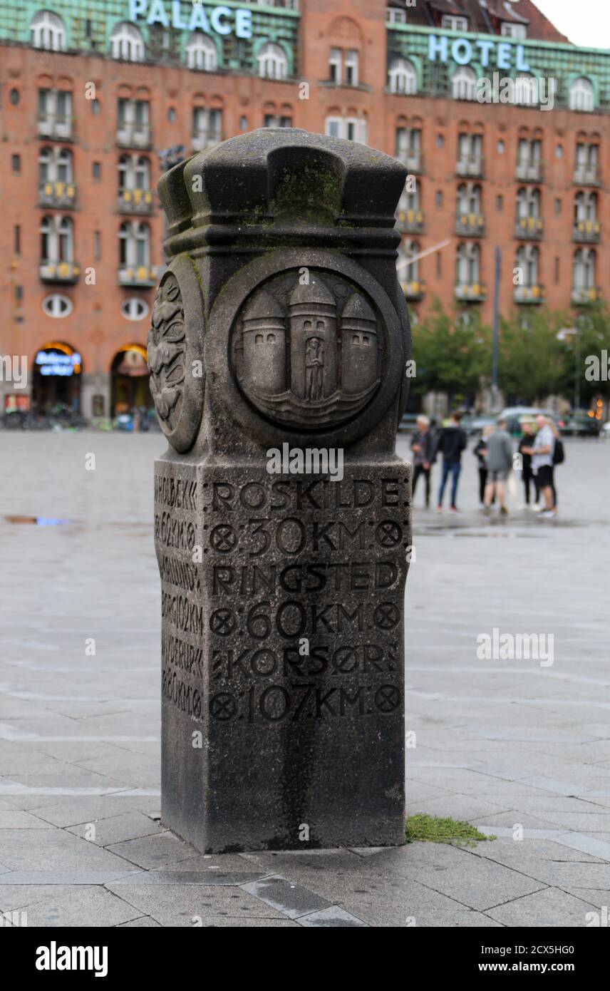 Historic stone mile marker at City Hall Square in Copenhagen Stock Photo