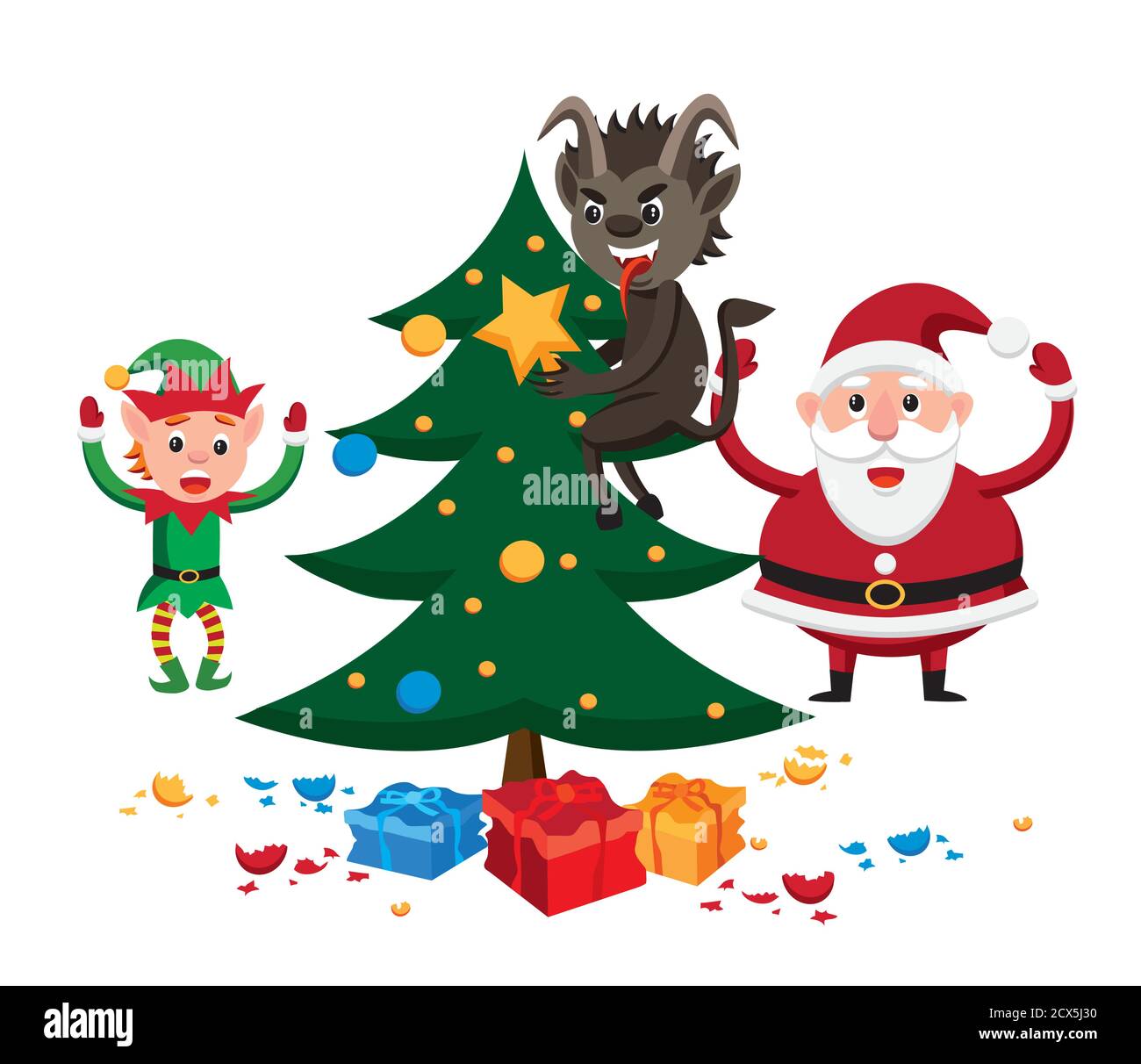 Krampus sabotaging Christmas tree Stock Vector
