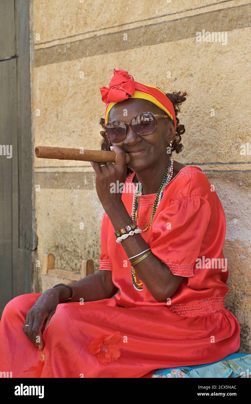 Cigar smoking Cuban woman. Havana. Habana, Cuba Stock Photo