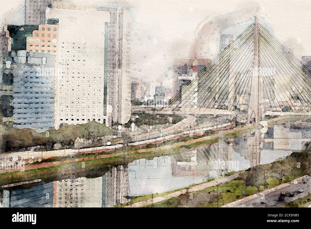 Estaiada Bridge in Sao Paulo, Brazil. Watercolor digital painting art illustration of famous place in the city. Stock Photo