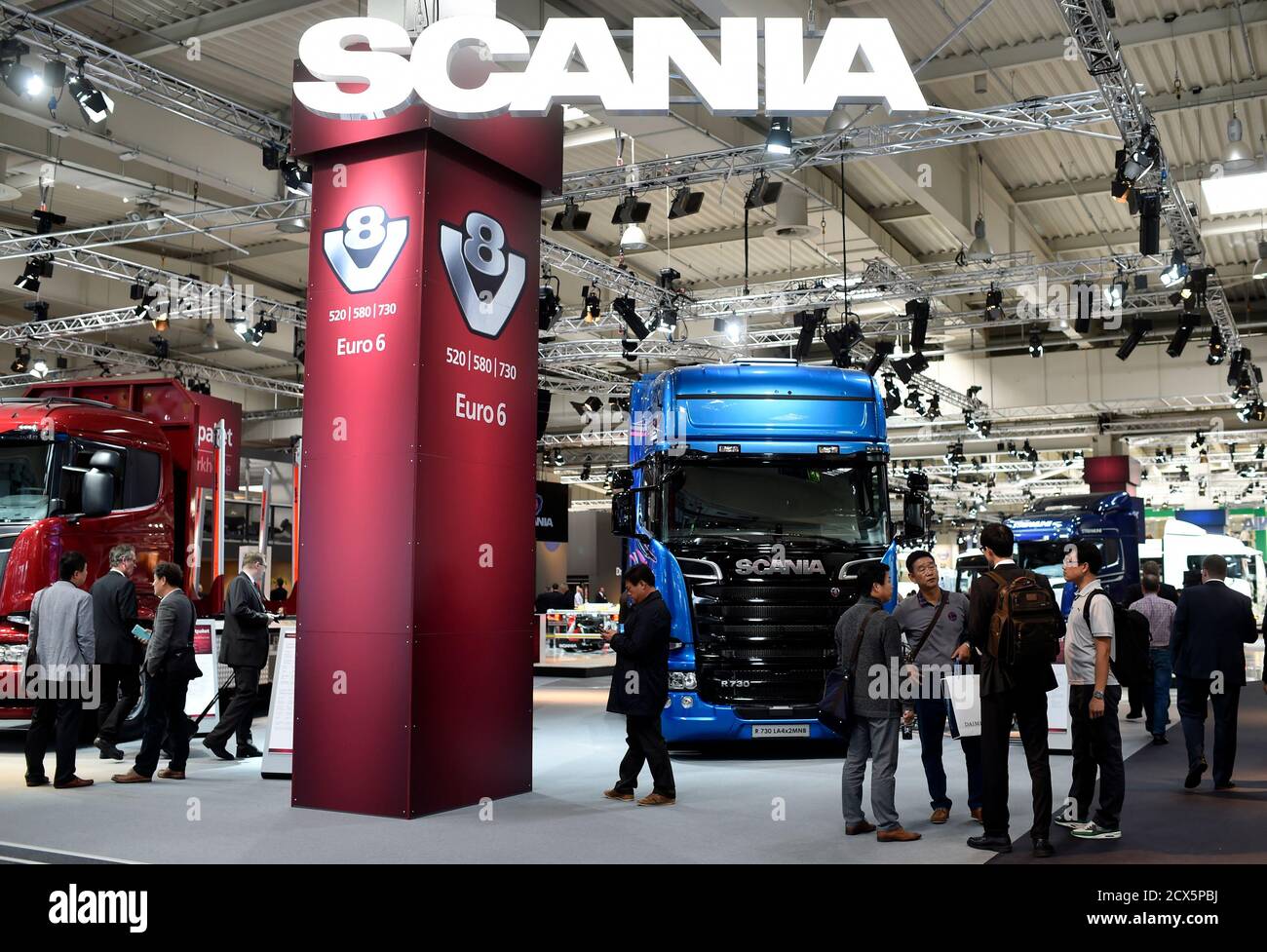 Scania Trucks are pictured  at the booth of Swedish truck maker Scania at the IAA truck show in Hanover, September 23,  2014. The IAA 2014 will open its doors for the public on September 25. REUTERS/Fabian Bimmer (GERMANY - Tags: BUSINESS TRANSPORT) Stock Photo