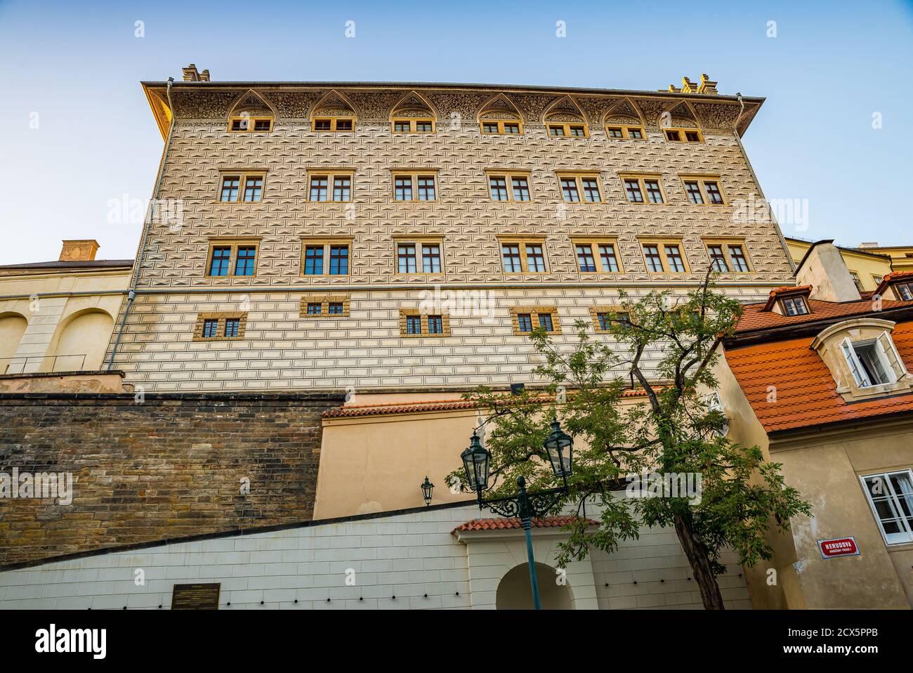 Prague, Czech republic - September 20, 2020. Ke Hradu street - Schwarzenberg palace Stock Photo