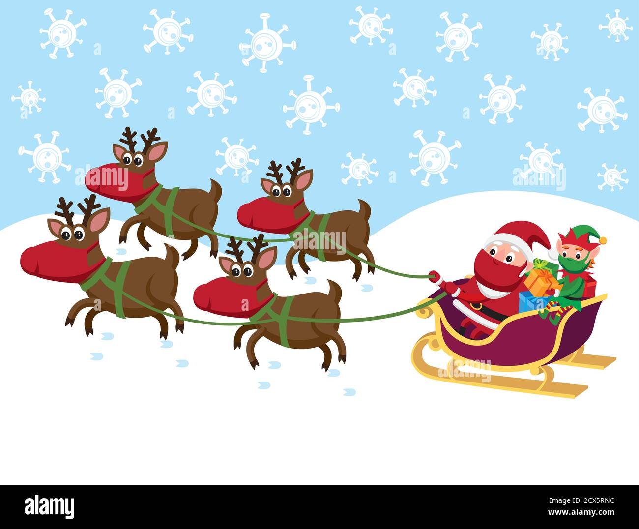 Santa Claus, elf and reindeers wearing face masks Stock Vector