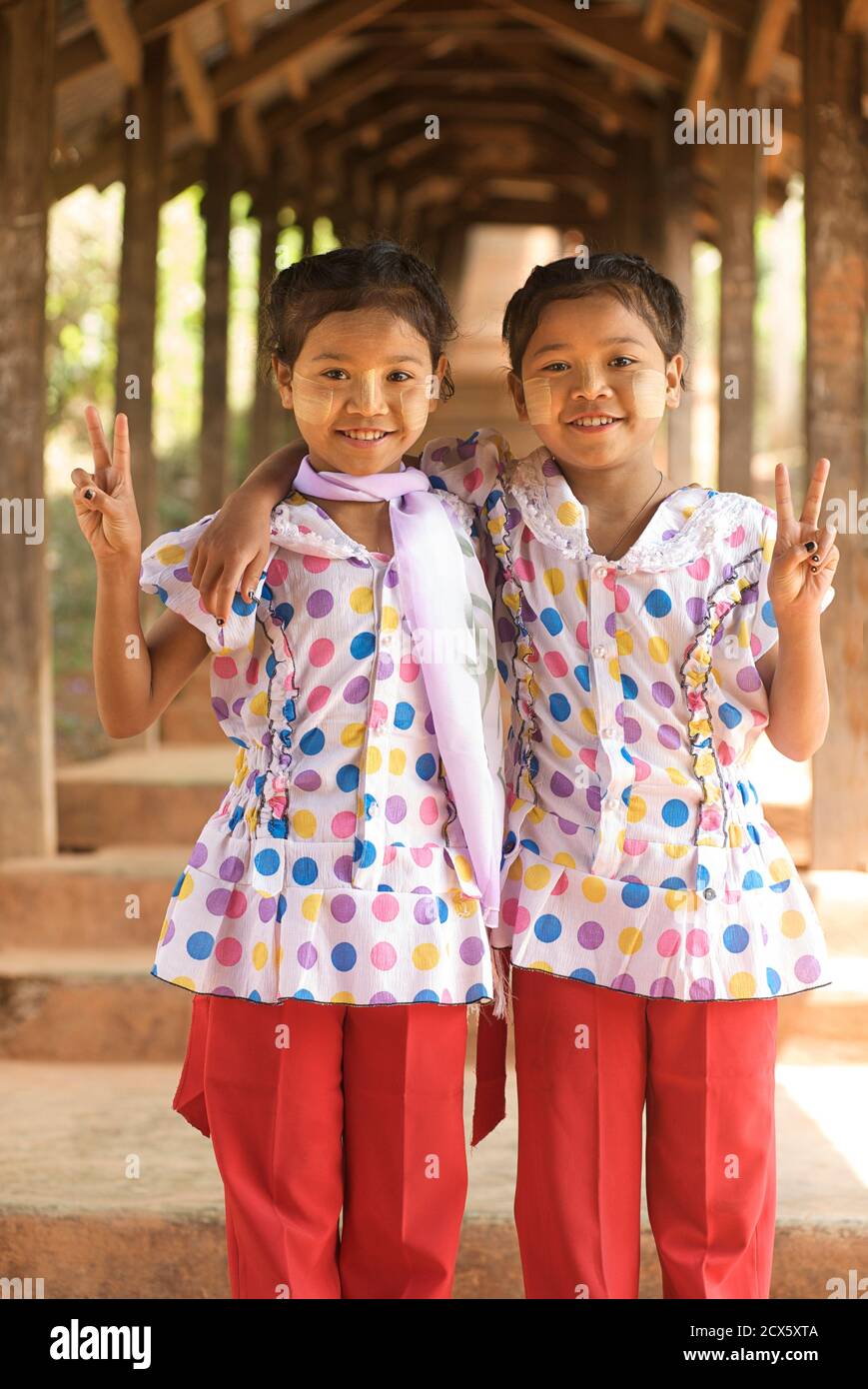 Burmese girls. Twins. Kalaw, Burma. Myanmar. Thanaka painted faces. A distinctly Burmese cultural expression Stock Photo