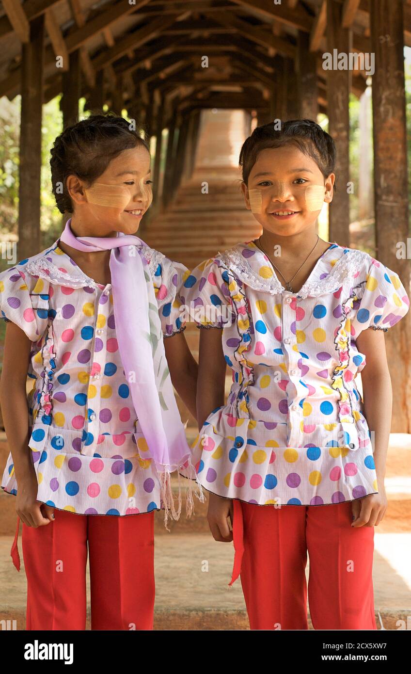 Burmese girls. Twins. Kalaw, Burma. Myanmar. Thanaka painted faces. A distinctly Burmese cultural expression Stock Photo