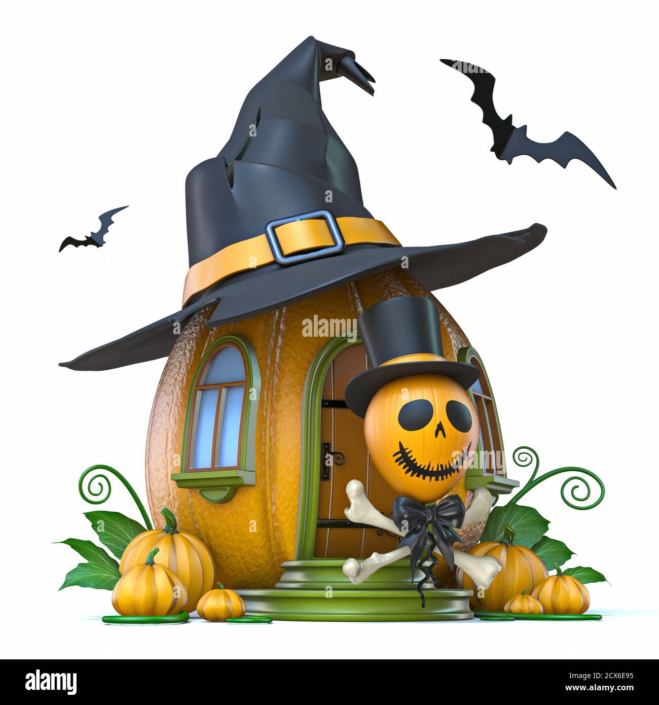 Jack O Lantern in front of pumpkin house 3D render illustration ...