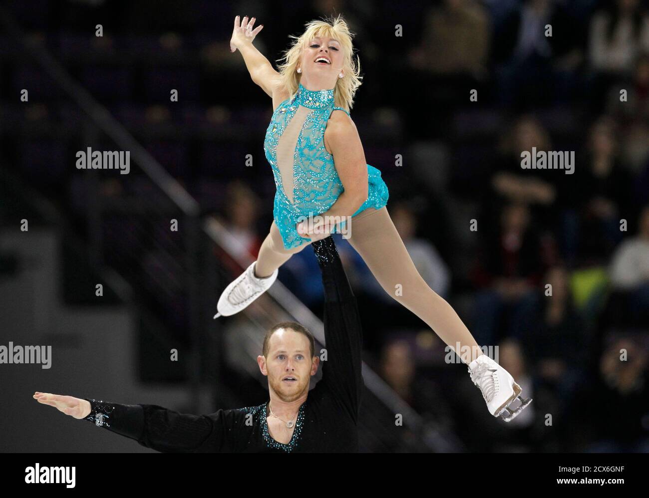 Caydee Denney and John Coughlin skate to second place in the pairs program  of the ISU Four Continents Championships in Colorado Springs, Colorado  February 12, 2012. REUTERS/Rick Wilking (UNITED STATES - Tags: