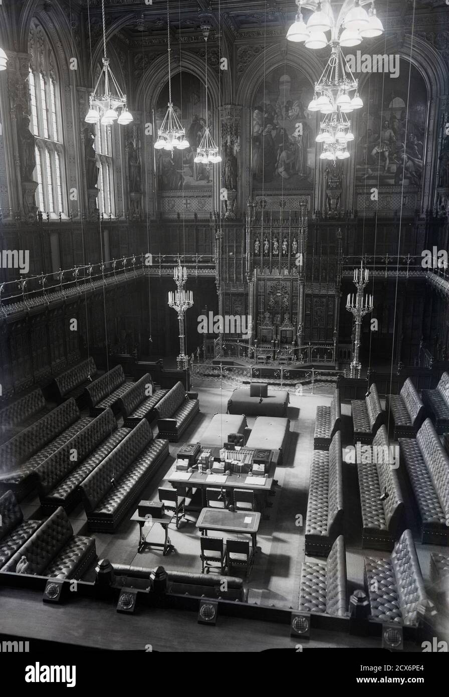 LONDON: The interior of the House of Lords in the Houses of Parliament, London in c1950. The Houses of Parliament suffered extensive damage following German bombing raids on 10th-11th May 1941 during World War II and both chambers finally re-opened for parliamentary business in October 1950. Stock Photo