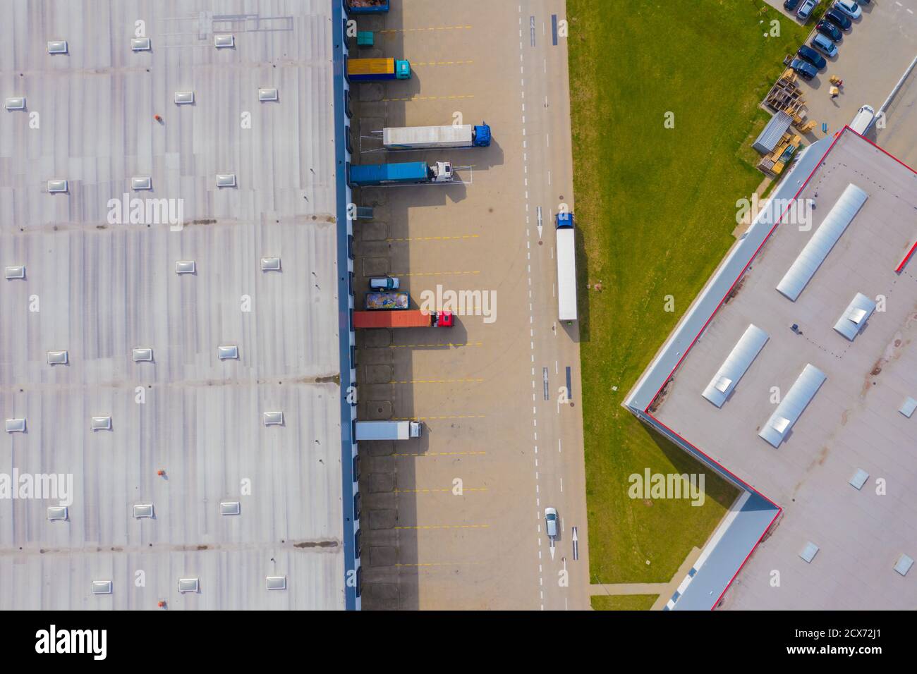 Aerial view of goods warehouse. Logistics center in industrial city ...