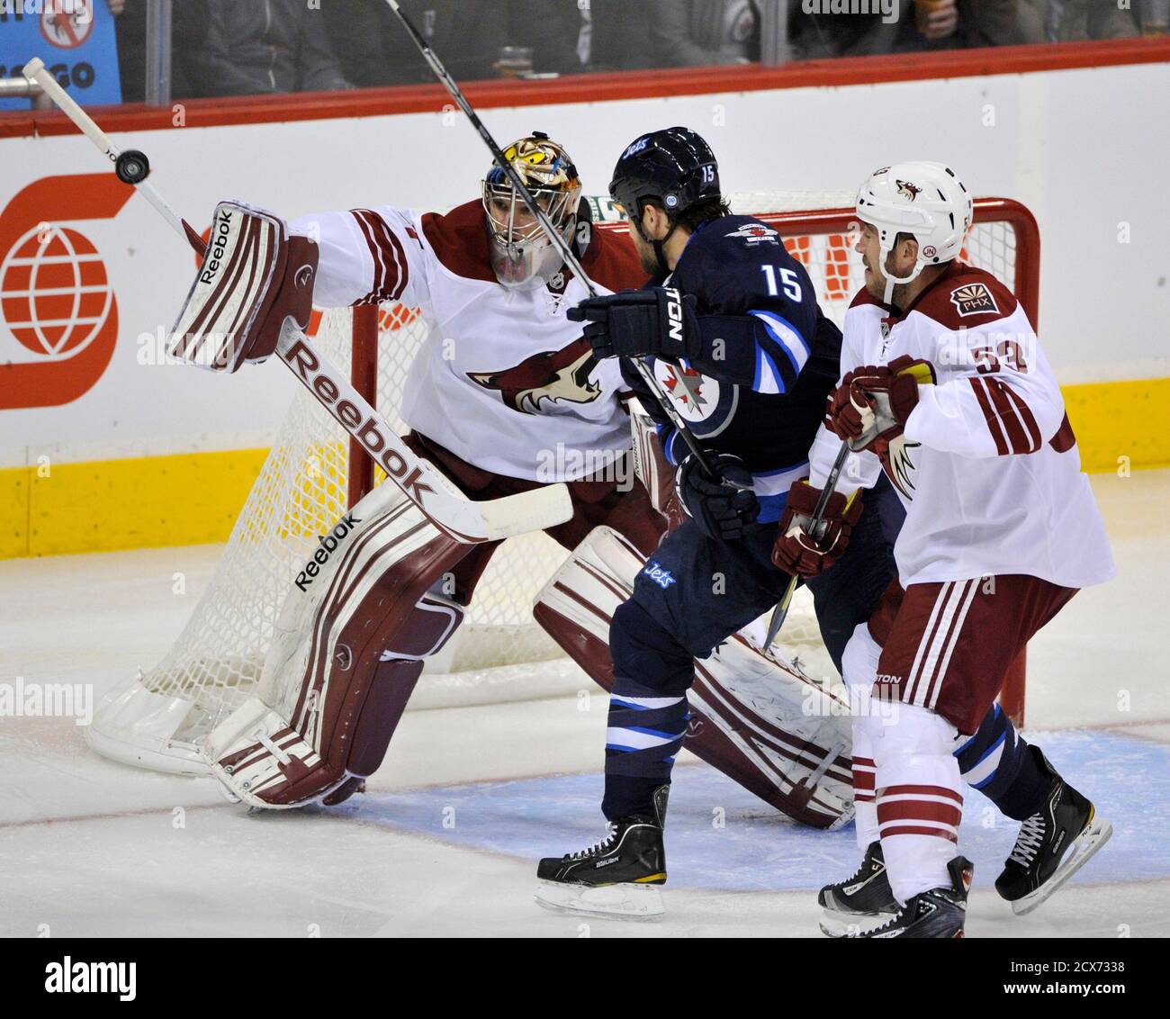 Phoenix Coyotes' goaltender Mike Smith makes a save on a Winnipeg Jets shot as Coyotes' Derek Morris (R) checks Winnipeg Jets' Tanner Glass during the first period of their NHL hockey game in Winnipeg, December 1, 2011. REUTERS/Fred Greenslade  (CANADA - Tags: SPORT ICE HOCKEY) Stock Photo