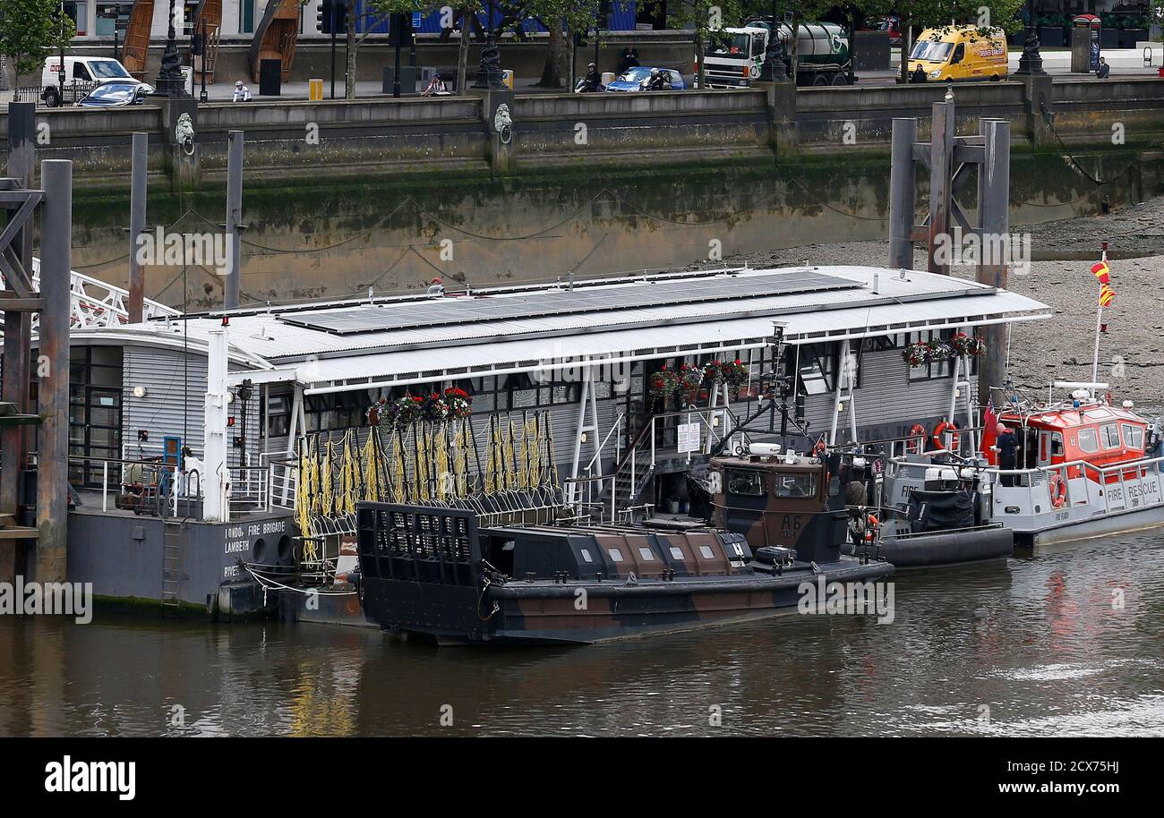 A Landing Craft Unit from the Marine's 539 Assault Squadron is moored on the Thames in central London July 19, 2012. REUTERS/Suzanne Plunkett (BRITAIN - Tags: SPORT OLYMPICS SOCIETY MILITARY) Stock Photo