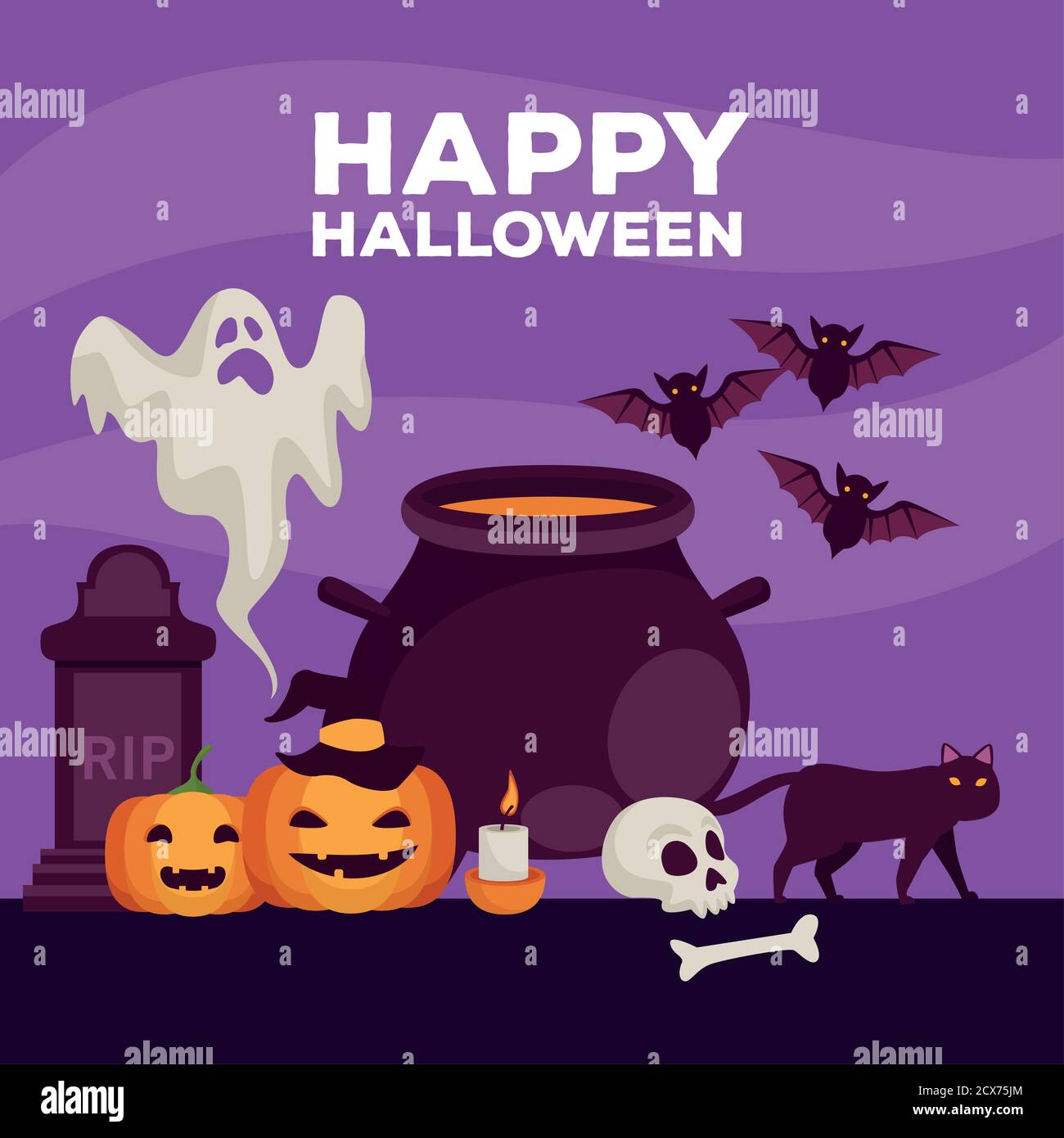 happy halloween celebration card with cauldron and ghost vector illustration design Stock Vector