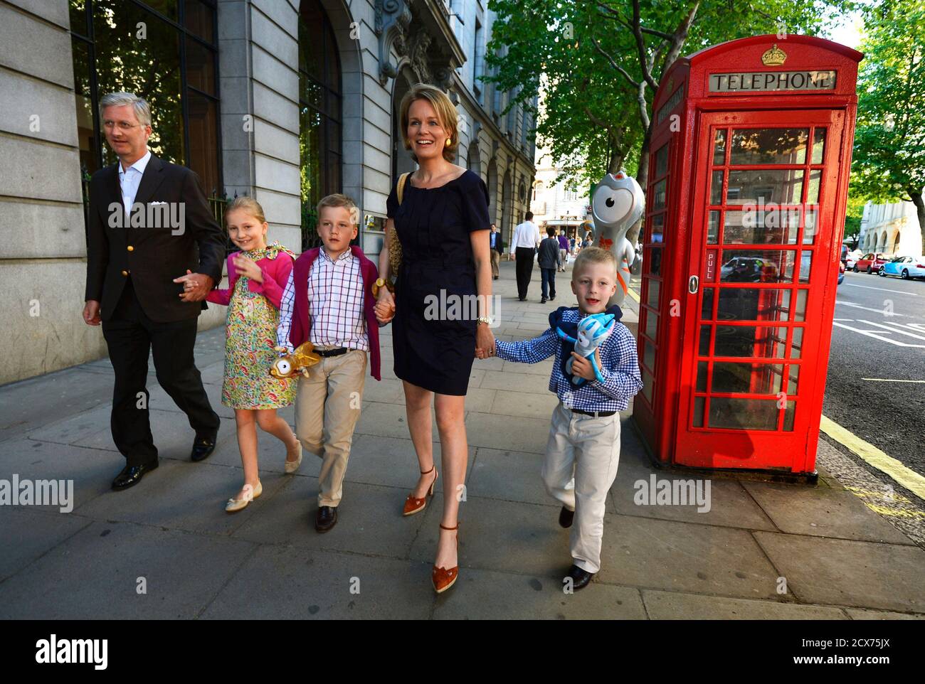 (L-R) Belgium's Prince Philippe, Princess Elisabeth, Prince Gabriel, Crown Princess Mathilde and Prince Emmanuel visit central London on the eve of the opening ceremony the London 2012 Olympic Games July 26, 2012.              REUTERS/Benoit Doppagne/Pool    (BRITAIN  - Tags: SPORT ROYALS POLITICS SPORT OLYMPICS) Stock Photo