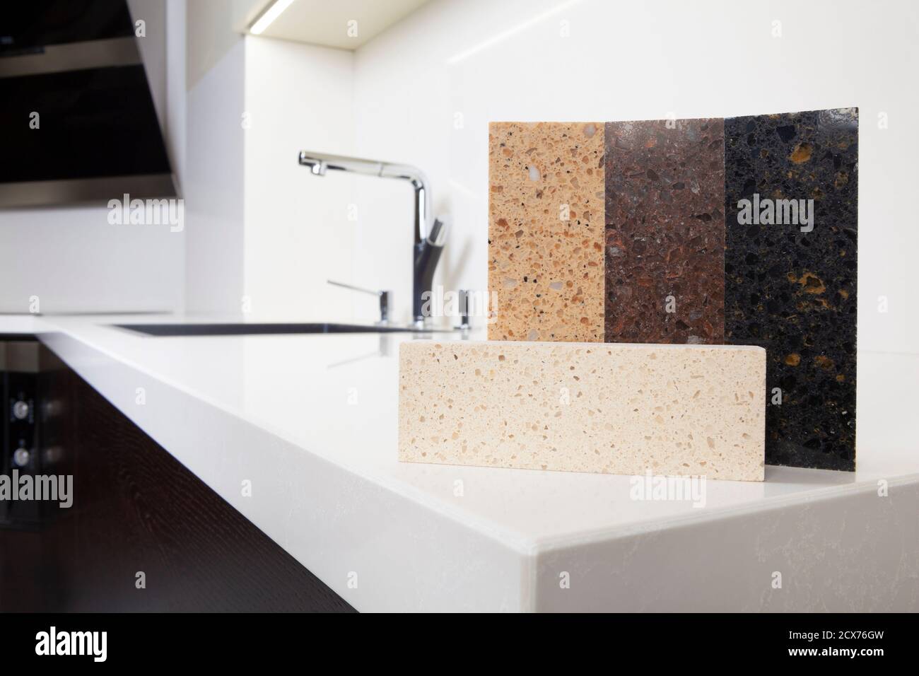Different quartz kitchen counter top samples on white polished